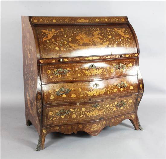 A 19th century Dutch walnut and marquetry bombe cylinder bureau, W.3ft 8in. D.2ft H.3ft 8in.